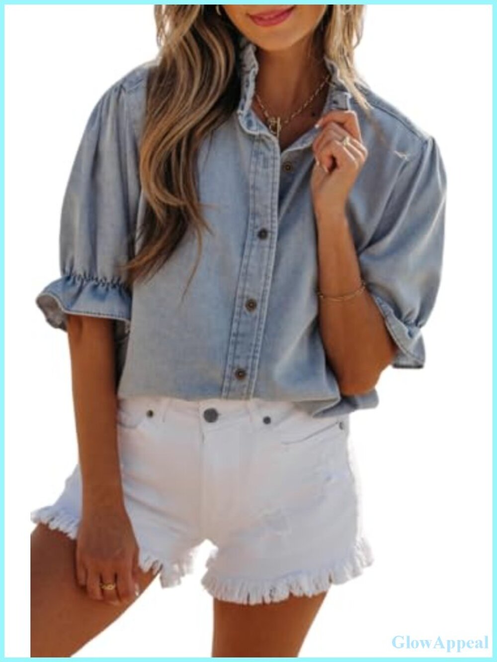 Women's Ruffle Short Sleeve Denim Tunic Top Button Down Chambray Shirt Cotton